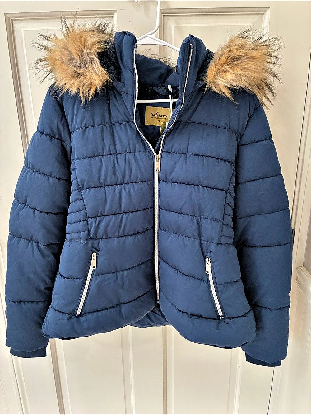 BodiLover Faux Fur Hood Puffer in Blue XL NWT